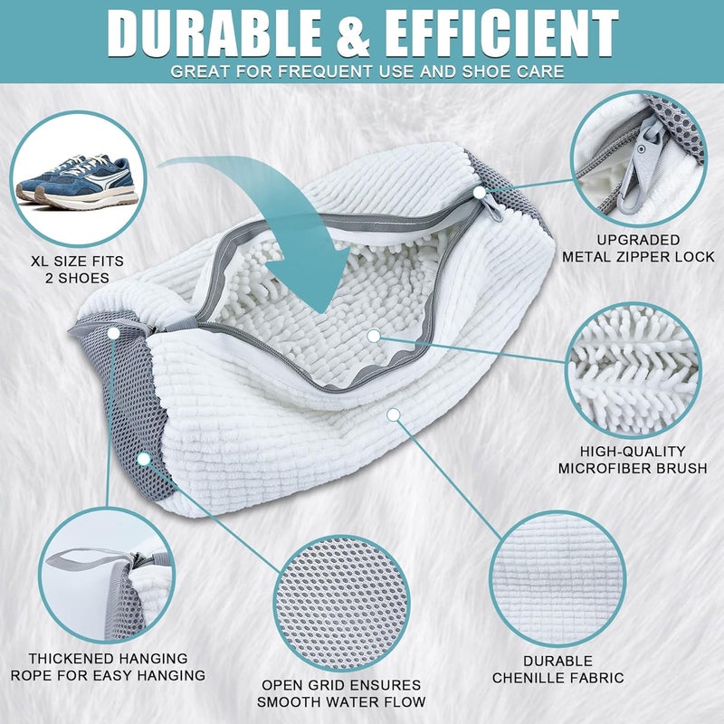 CNEYSID XXL Shoe Washing Machine Bag - 2-Pack Reusable Shoes Cleaning Bags, 360° Deep Clean for Tennis Shoes, Sneakers and Slippers, Includes 2 Shoe Storage Dust Bags (White) - Image 3